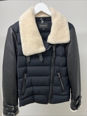 Mackage Black Puffer Jacket with Cream Shearling Collar